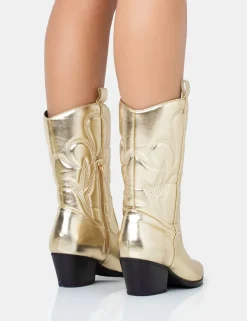 Public Desire Calabasas Western Embroidered Knee High Pointed Toe Cowboy Boots Gold Store