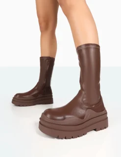 Public Desire Cam Pu Chunky Sole Round Toe Ankle Boots Chocolate Online