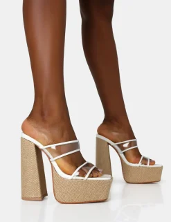 Public Desire Carley Perspex Mule Square Toe Platform Raffia Block Heels White Outlet