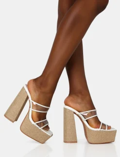Public Desire Carley Perspex Mule Square Toe Platform Raffia Block Heels White Outlet