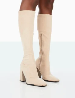 Public Desire Caryn Faux Suede Knee High Block Heeled Boots Taupe Best Sale