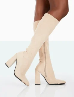 Public Desire Caryn Faux Suede Knee High Block Heeled Boots Taupe Best Sale