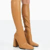 Public Desire Caryn Grain Pu Patent Knee High Block Heeled Boots Camel Cheap