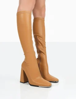 Public Desire Caryn Grain Pu Patent Knee High Block Heeled Boots Camel Cheap
