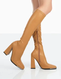 Public Desire Caryn Grain Pu Patent Knee High Block Heeled Boots Camel Cheap