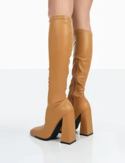 Public Desire Caryn Grain Pu Patent Knee High Block Heeled Boots Camel Cheap
