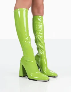 Public Desire Caryn Patent Knee High Block Heeled Boots Lime Flash Sale