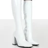 Public Desire Caryn Patent Wide Fit Knee High Block Heeled Boots White Outlet