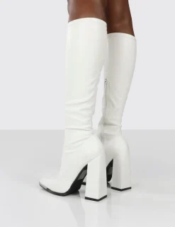 Public Desire Caryn Pu Block Heeled Knee High Boots White Clearance