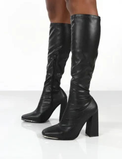 Public Desire Caryn Pu Knee High Block Heeled Boot Black Store