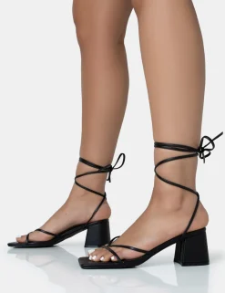 Public Desire Casey Strappy Lace Up Square Toe Low Block Heel Sandals Black Clearance