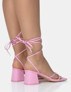 Public Desire Casey Wide Fit Baby Strappy Lace Up Square Toe Low Block Heel Sandals Pink Online