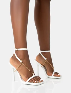 Public Desire Catwalk Pu Chain Strappy Square Toe Stiletto Heels White Fashion