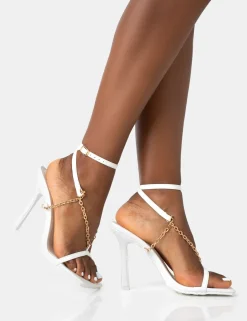 Public Desire Catwalk Pu Chain Strappy Square Toe Stiletto Heels White Fashion