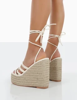 Public Desire Chakkra Pu High Heeled Sandal Espadrilles Wedges Ecru Hot