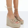Public Desire Chakkra Pu High Heeled Sandal Espadrilles Wedges Gold Cheap