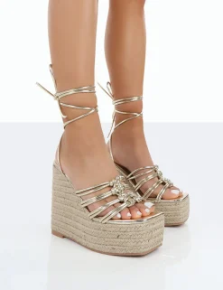 Public Desire Chakkra Pu High Heeled Sandal Espadrilles Wedges Gold Cheap