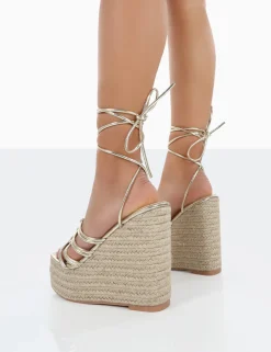 Public Desire Chakkra Pu High Heeled Sandal Espadrilles Wedges Gold Cheap