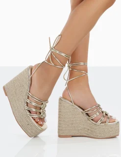 Public Desire Chakkra Pu High Heeled Sandal Espadrilles Wedges Gold Cheap