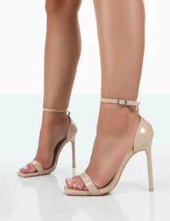 Public Desire Chaos Patent Square Toe Strappy Barely There Stiletto Heels Nude Fashion