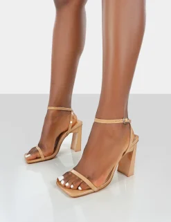 Public Desire Charlotte Patent Square Toe Strappy Block Heels Camel Sale