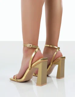 Public Desire Charlotte Wide Fit Patent Square Toe Heels Gold Clearance