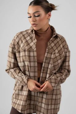 Public Desire Check Shirt In With Button Fastening Camel New
