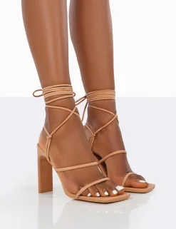 Public Desire Chloe Pu Strappy Square Toe Lace Up Heels Nude Store