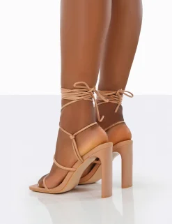 Public Desire Chloe Pu Strappy Square Toe Lace Up Heels Nude Store