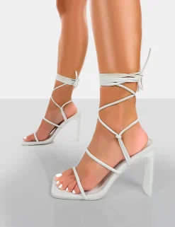 Public Desire Chloe Pu Strappy Square Toe Lace Up Heels White Flash Sale