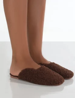 Public Desire Ciao Chocolate Teddy Slip On Slippers Brown New