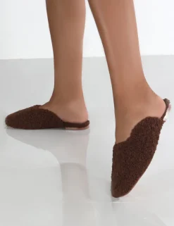 Public Desire Ciao Chocolate Teddy Slip On Slippers Brown New
