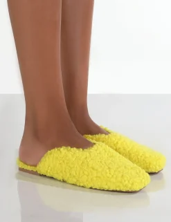 Public Desire Ciao Neon Teddy Slip On Slippers Yellow New