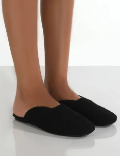 Public Desire Ciao Teddy Slip On Slippers Black New