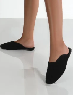 Public Desire Ciao Teddy Slip On Slippers Black New