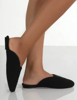 Public Desire Ciao Teddy Slip On Slippers Black New