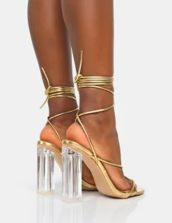 Public Desire Clara Metallic Pu Strappy Lace Up Round Toe Clear Perspex Heels Gold Cheap