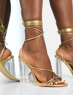 Public Desire Clara Metallic Pu Strappy Lace Up Round Toe Clear Perspex Heels Gold Cheap