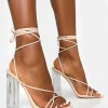 Public Desire Clara Pu Strappy Lace Up Round Toe Clear Perspex Heels Nude Hot