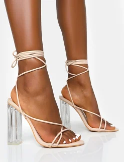 Public Desire Clara Pu Strappy Lace Up Round Toe Clear Perspex Heels Nude Hot