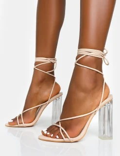 Public Desire Clara Pu Strappy Lace Up Round Toe Clear Perspex Heels Nude Hot