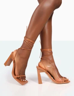 Public Desire Cleo Nude Pu Square Toe Strappy Lace Up Block Heels Caramel Sale