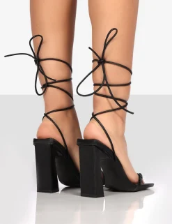 Public Desire Cleo Pu Square Toe Strappy Lace Up Block Heels Black Cheap