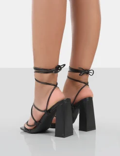 Public Desire Coco Grain Square Toe Strappy Lace Up Block Heels Black Store