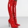 Public Desire Confidence Patent Stiletto Heeled Over The Knee Pu Boots Red Hot