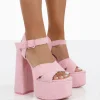 Public Desire Content Towelling Chunky Platform Sandal High Heels Pink Hot