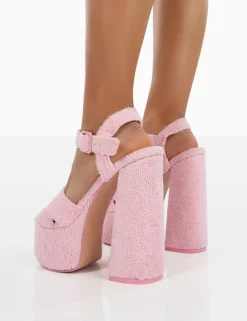 Public Desire Content Towelling Chunky Platform Sandal High Heels Pink Hot