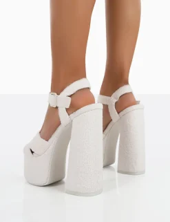 Public Desire Content Towelling Chunky Platform Sandal High Heels Ecru Hot