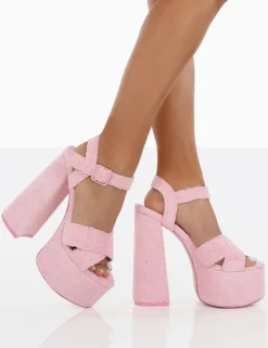 Public Desire Content Towelling Chunky Platform Sandal High Heels Pink Hot