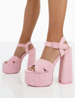 Public Desire Content Towelling Chunky Platform Sandal High Heels Pink Hot